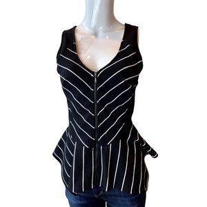 Marilyn Monroe Women Striped Peplum Blouse Top Full Zip Up Black White Size S